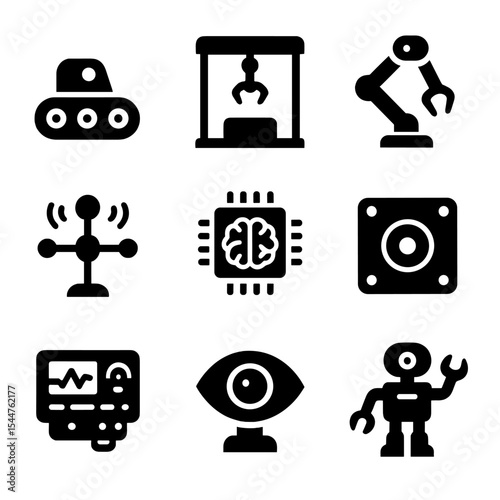 Autonomous Repair Icons. Solid, filled icons set of autonomous repair systems: crawler robot, repair bay,