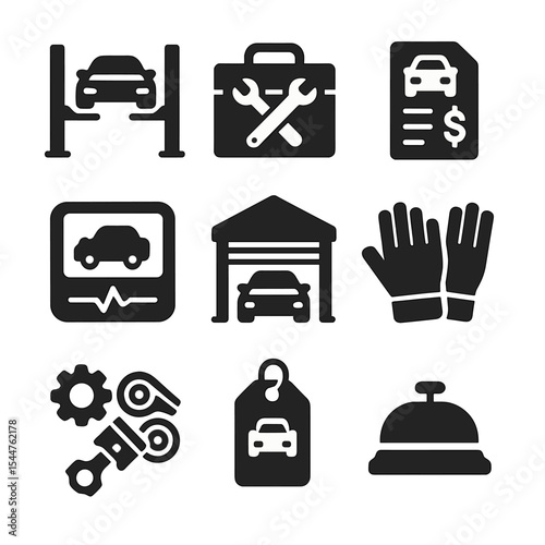 Automotive Repair Icons. Solid, filled icons set of automotive repair shop items: lift platform, toolset,