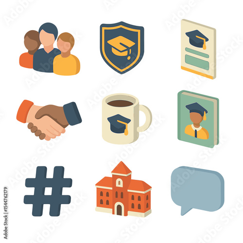 Alumni Networking Icons. Isometric Flat icon set of alumni networking activities: alumni group, school logo emblem, reunion