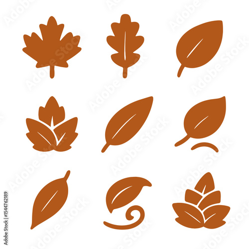 Autumn Leaf Icons. Solid, filled icons set of autumn leaves: maple leaf, oak leaf, golden hue, red foliage,