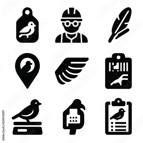 Avian Research Icons. Solid, filled icons set of avian research and tagging: bird tag, researcher, data chip,