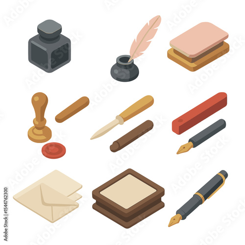 Antique Writing Icons. Isometric Flat icon set of antique writing accessories: ink bottle, quill pen, blotting paper, wax seal