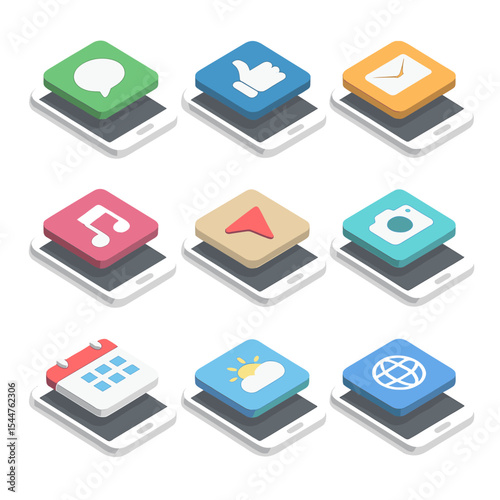 App Icon Grid. Isometric Flat icon set of smartphone app categories: messaging app, social media app, email app, music streaming