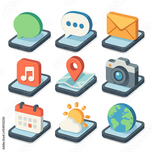 App Icon Grid. Isometric Flat icon set of smartphone app categories: messaging app, social media app, email app, music streaming