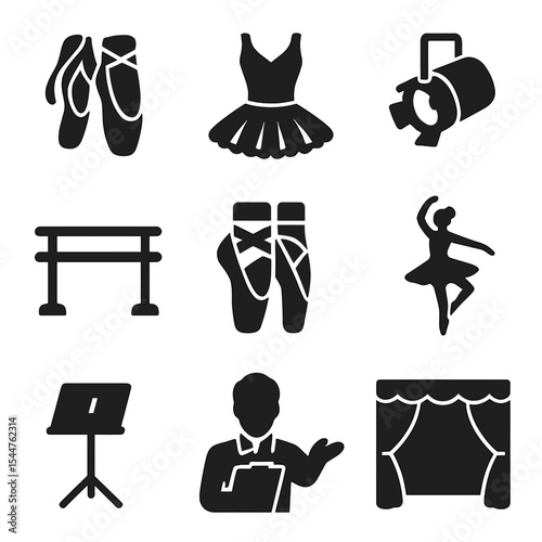 Ballet Icons Compilation. Solid, filled icons set of ballet in theater: ballet slippers, tutu, stage light, barre, pointe shoes, graceful pose, music stand, choreographer, red curtain.