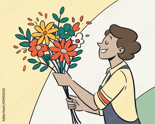 Vector Illustration of a Person Holding a Bouquet of Flowers – Hand-Drawn Minimalist Design Representing Love, Celebration, and Natural Beauty in a Modern Artistic Style