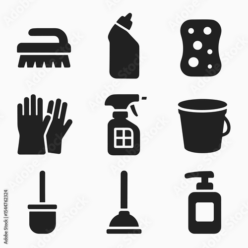Bathroom Cleaning Icons. Solid, filled icons set of bathroom cleaning tools: scrub brush, toilet cleaner