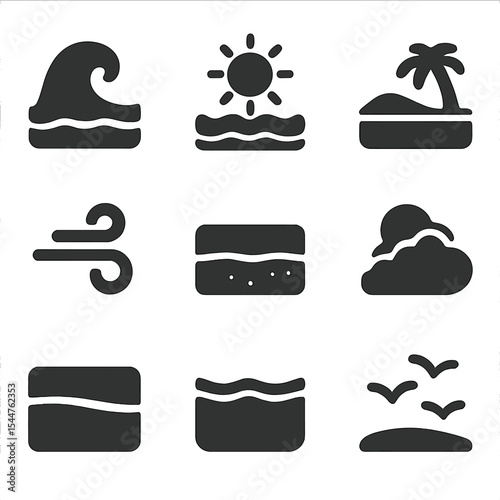 Beach Icons Grid. Solid, filled icons set of pure beach environment: sunlit wave, clean shore, fresh air, natural scene, quiet breeze, empty landscape, soft beach hue, clear water, open sky.
