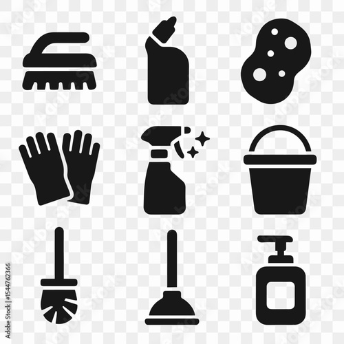Bathroom Cleaning Icons. Solid, filled icons set of bathroom cleaning tools: scrub brush, toilet cleaner