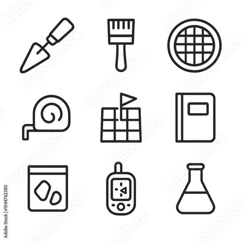 Archaeological Tools Icons. Outline icon set of archaeological dig tools: trowel, brush, sieve tray, measuring tape, grid marker,