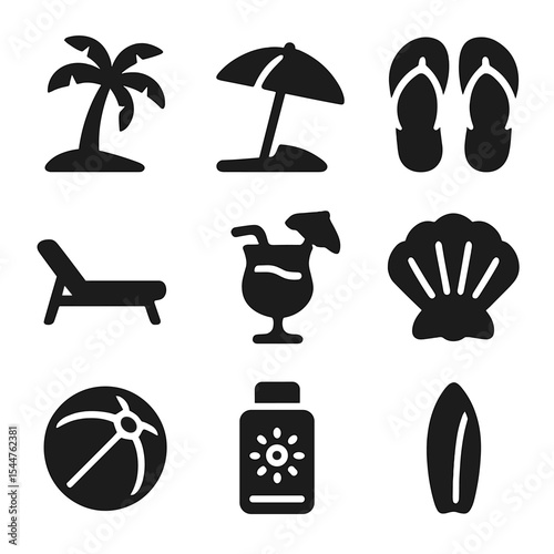 Beach Vacation Icons. Solid, filled icons set of beach vacations: palm tree, beach umbrella, flip flops, sun