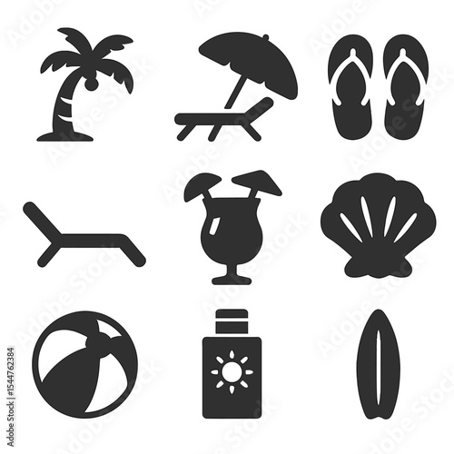 Beach Vacation Icons. Solid, filled icons set of beach vacations: palm tree, beach umbrella, flip flops, sun