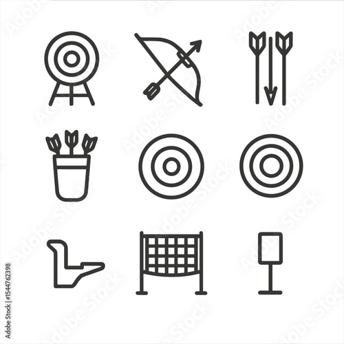 Archery Icon Set. Outline icon set of archery range items: target face, recurve bow, arrow cluster, quiver pack, bullseye ring,
