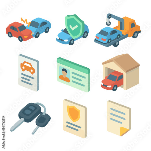 Auto Insurance Icons. Isometric Flat icon set of auto insurance offerings: car accident icon, shielded car, tow truck, police car,