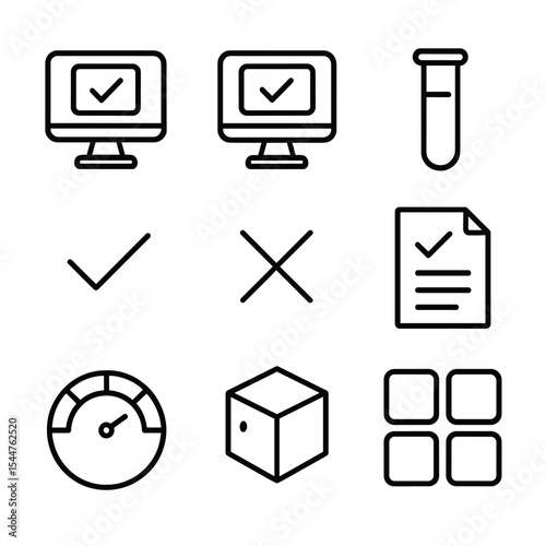 Automated Testing Icons. Outline icon set of automated testing suite: unit test, integration test, test tube, green checkmark, red
