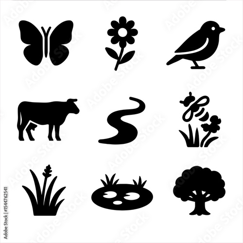 Biodiversity Icons Grid. Solid, filled icons set of cows and biodiversity: butterfly, wildflower, songbird,