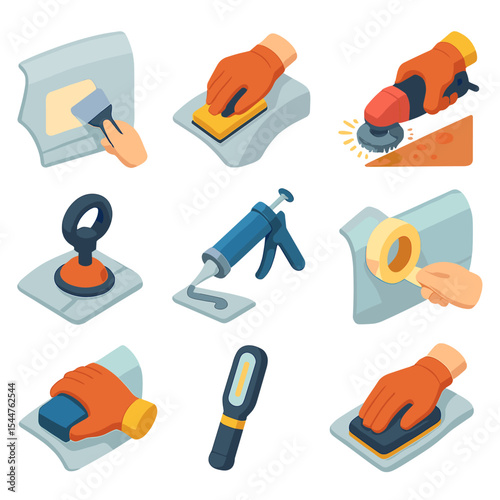 Automotive Prep Icon Set. Isometric Flat icon set of automotive sanding prep: body filler application, primer sanding, paint