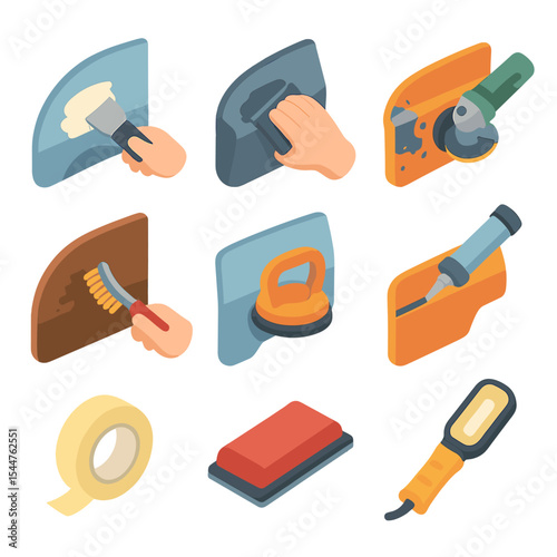 Automotive Prep Icon Set. Isometric Flat icon set of automotive sanding prep: body filler application, primer sanding, paint
