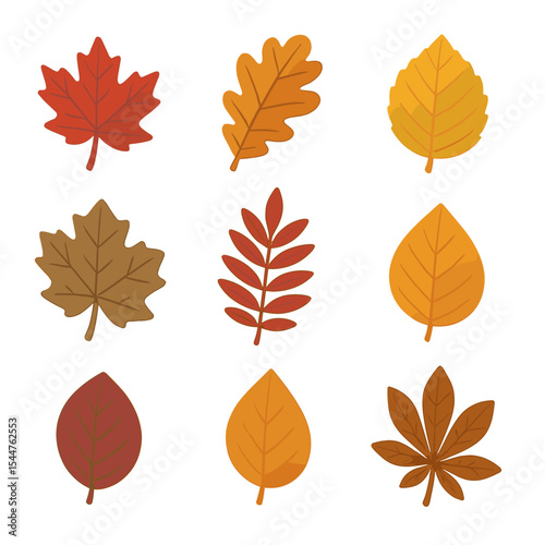 Autumn Leaf Icon Set. Isometric Flat icon set of autumn leaf colors: red maple leaf, orange oak leaf, yellow birch leaf, brown