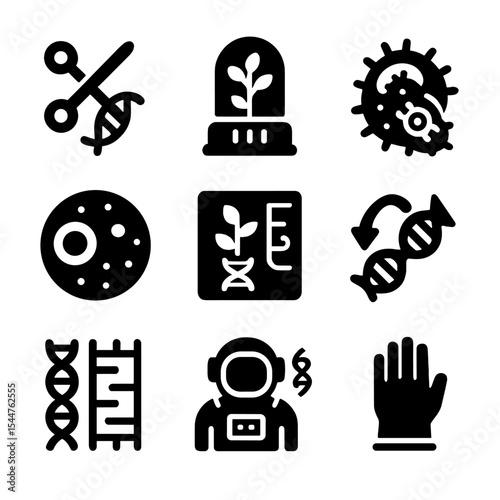 Bioengineering in Space Icons. Solid, filled icons set of bioengineering in space: CRISPR tool, bio lab