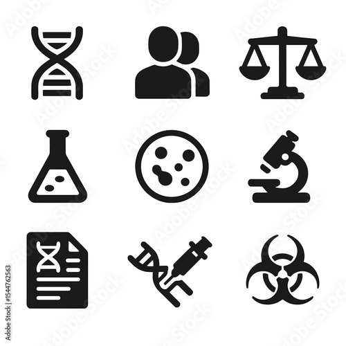 Bioethics Icon Set. Solid, filled icons set of bioethics and cloning research: DNA helix, clone icon, ethical