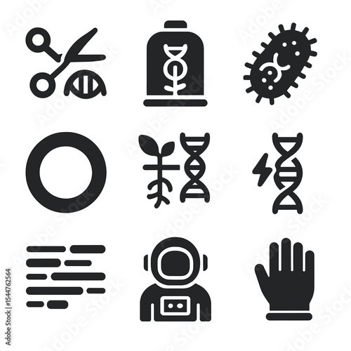 Bioengineering in Space Icons. Solid, filled icons set of bioengineering in space: CRISPR tool, bio lab