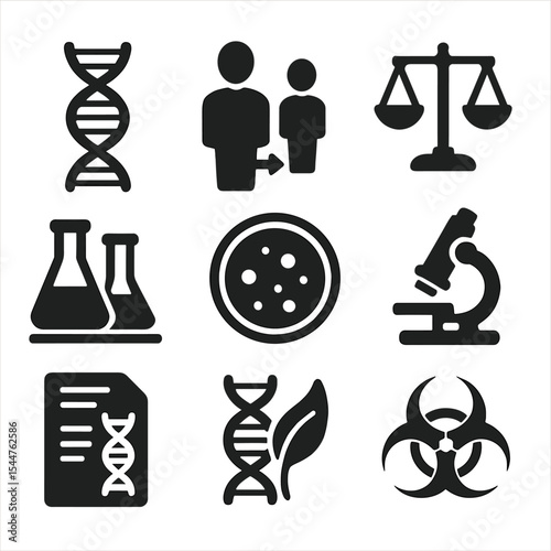 Bioethics Icon Set. Solid, filled icons set of bioethics and cloning research: DNA helix, clone icon, ethical