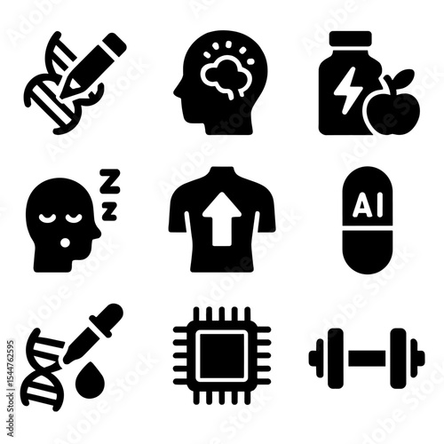 Biohacking AI Icons. Solid, filled icons set of biohacking and AI: DNA edit, nootropic boost, smart nutrition,