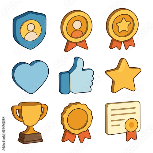 Isometric Badge Collection. Isometric Flat icon set of digital badges and emblems: virtual badge, profile ribbon, achievement