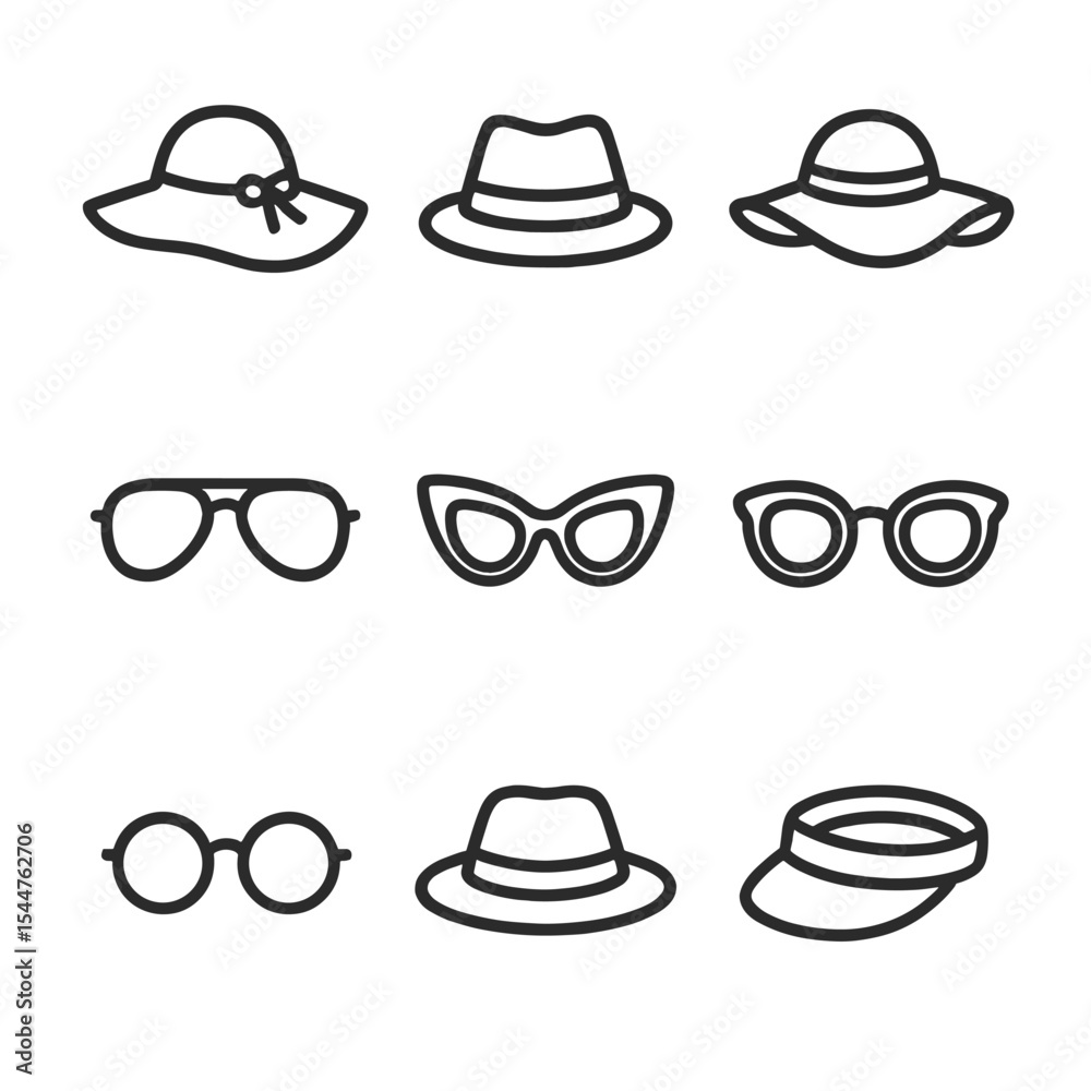 Beach Hat & Sunglasses Icons. Outline icon set of beach sun hats and sunglasses: wide-brim hat, straw fedora, floppy hat, panama Beach Hat & Sunglasses Icons. Outline icon set of beach sun hats and sunglasses: wide-brim hat, straw fedora, floppy hat, panama
