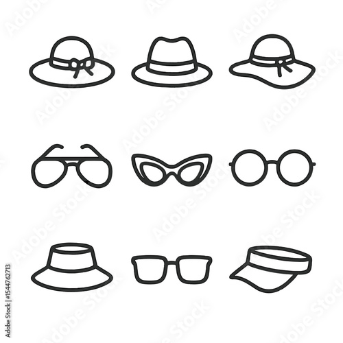 Beach Hat & Sunglasses Icons. Outline icon set of beach sun hats and sunglasses: wide-brim hat, straw fedora, floppy hat, panama