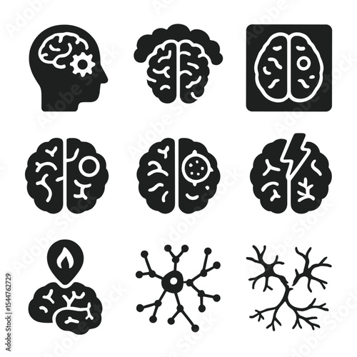 Brain Health Icons. Solid, filled icons set of brain health and damage: cognitive function, brain fog, brain scan, tumor icon, memory area, stroke region, inflammation marker,