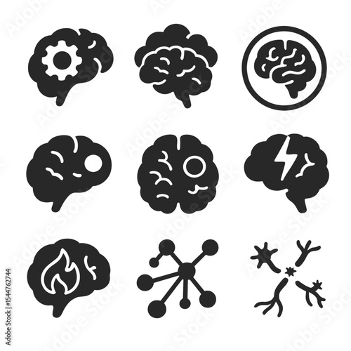 Brain Health Icons. Solid, filled icons set of brain health and damage: cognitive function, brain fog, brain scan, tumor icon, memory area, stroke region, 