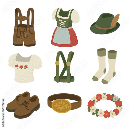 Bavarian Costumes Icons. Isometric Flat icon set of traditional Bavarian costumes: lederhosen shorts, dirndl dress, alpine hat,