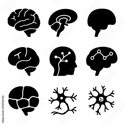 Brain Anatomy Icons. Solid, filled icons set of brain anatomy and memory regions: brain lobes, hippocampus region, prefrontal cortex, amygdala, neural pathway,