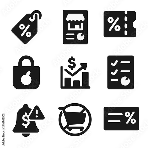 Budget Shopping Icons. Solid, filled icons set of grocery shopping on a budget: sale tag, store flyer, coupon
