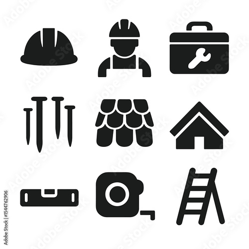 Building Maintenance Icons. Solid, filled icons set of building maintenance tasks: hard hat, repair worker,