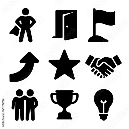 Building Confidence Icons. Solid, filled icons set of building confidence: superhero icon, open door, goal flag, upward arrow, star icon, handshake, supportive friend, trophy, lightbulb.