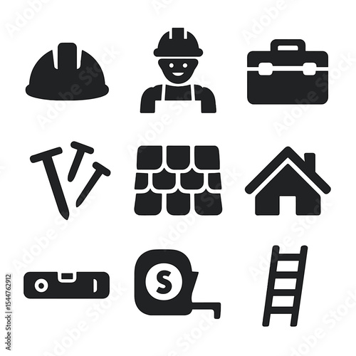 Building Maintenance Icons. Solid, filled icons set of building maintenance tasks: hard hat, repair worker,