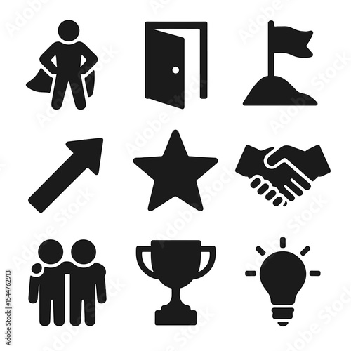 Building Confidence Icons. Solid, filled icons set of building confidence: superhero icon, open door, goal flag, upward arrow, star icon, handshake, supportive friend, trophy, lightbulb.