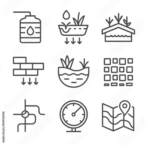 Blue-Green Infrastructure Icons. Outline icon set of blue-green infrastructure integration: rainwater harvesting tank, bioswale