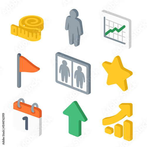 Body Measurement Icons. Isometric Flat icon set of body measurement milestones: tape measure, silhouette outline, weight chart,
