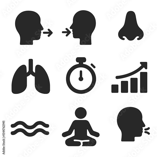 Breathing Techniques Icons. Solid, filled icons set of breathing techniques for relaxation: inhale icon,