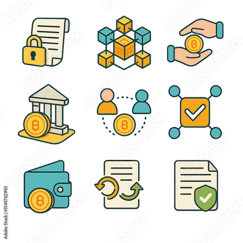 Blockchain Finance Icons. Isometric Flat icon set of blockchain trade finance: smart contract, distributed ledger, crypto escrow,