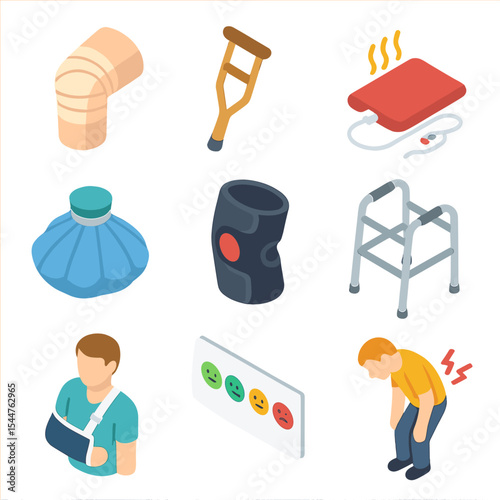 Body Pain Indicators. Isometric Flat icon set of body pain indicators: bandaged knee, crutch, heating pad, ice pack, support brace