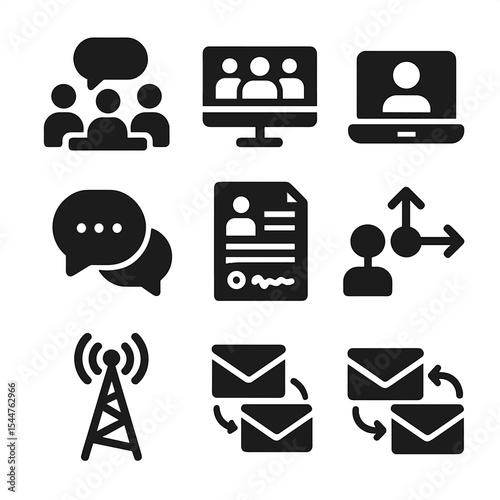 Business Communication Icons. Solid, filled icons set of business communication: team discussion, conference