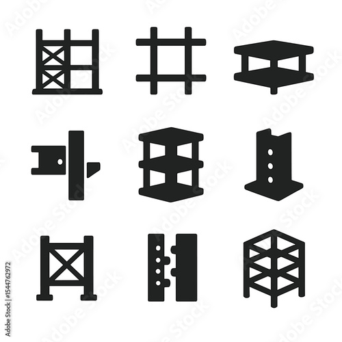Building Skeleton Icons. Solid, filled icons set of building skeleton models: steel frame, column grid, floor
