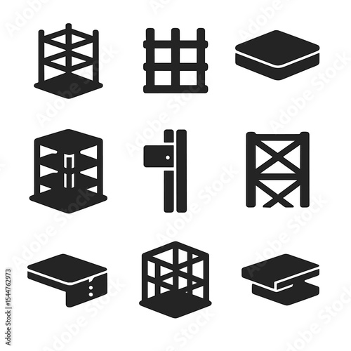 Building Skeleton Icons. Solid, filled icons set of building skeleton models: steel frame, column grid, floor
