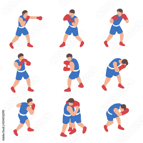 Boxing Techniques Icons. Isometric Flat icon set of boxing techniques and movements: jab punch, cross punch, hook, uppercut, slip,