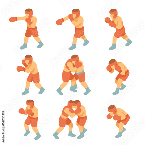 Boxing Techniques Icons. Isometric Flat icon set of boxing techniques: jab, cross, hook, uppercut, slip, bob and weave, footwork,